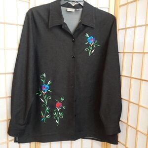 Allison Daley Floral Denim Blue Jean Shirt Sz L